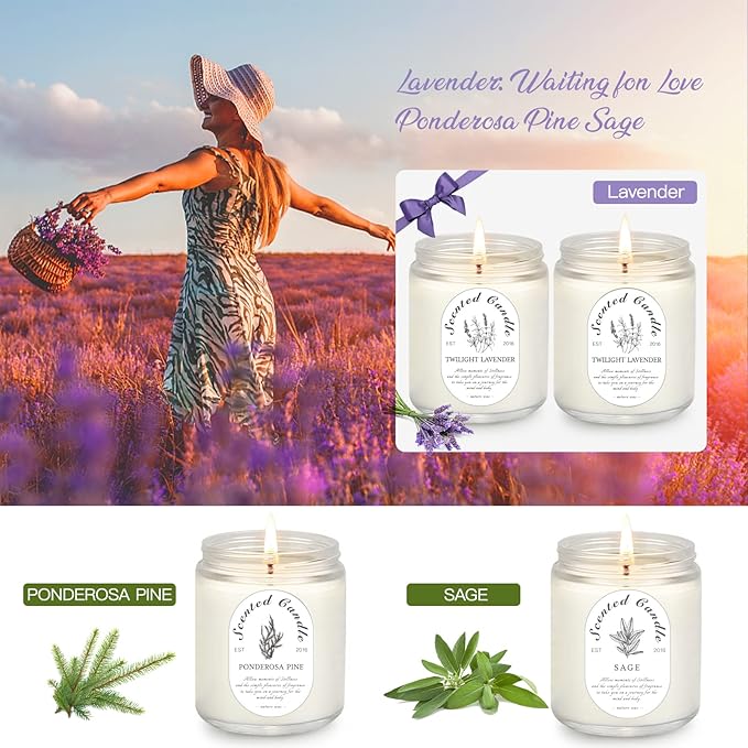 Lavender Candle Gift Set, 4 Pack Soy Wax Scented Candles for Home – Lavender, Sage & Ponderosa Pine – Aromatherapy Candles for Relaxation, Stress Relief & Christmas Gifts for Women
