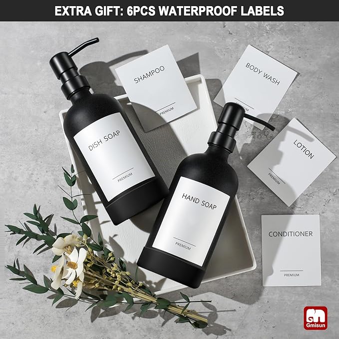 GMISUN Black Soap Dispenser with Silicone Sleeve Boot, 2 Pack Glass Bathroom Hand Soap Dispensers with Stainless Steel Pump, 17 Fl Oz Kitchen Hand and Dish Soap Dispenser Set, Liquid Dispensers Bottle