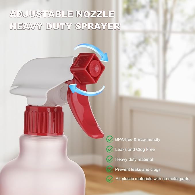 Plastic Spray Bottles 12oz 2 Pack Adjustable Mist/Stream Spraying Heavy Duty Square Water Spray Bottles for Hair, Cleaning Solutions, Plants, Essential Oils (Red)
