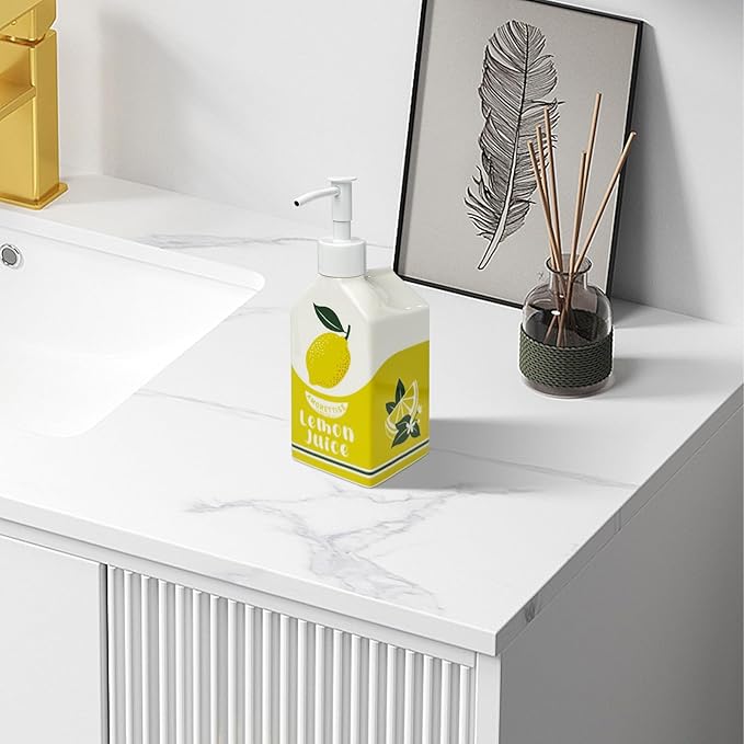 Ceramic Lemon Juice Soap Dispenser, Liquid Hand Soap Pump, Refillable Lotion Bottle for Bathroom Kitchen Dish Soap (Lemon)