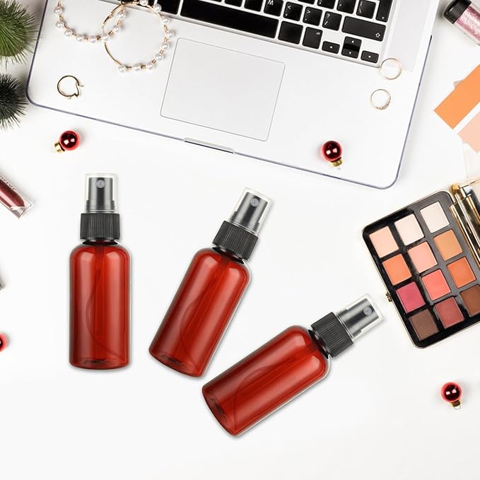 60PCS 2 oz Plastic Amber Spray Bottle, Empty Small Amber Spray Bottle with Sticker and Funnel, Refillable Mini Mister Spray Bottles for Essential Oils, Bath & Cleaning