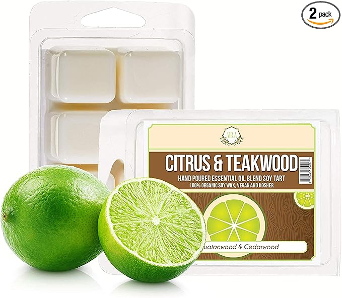 Aira Soy Wax Melt - Organic, Vegan, Kosher, Scented Soy Wax Cubes w/Essential Oil Blends - No Chemical 100% Soy Wax Melts for Electric/Tealight Melters - Handmade Soy Tarts - Citrus Teakwood - 2 Pack