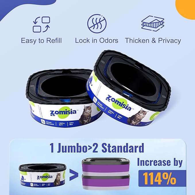 2 Pack Cat Litter Refill Bags, Non-See-Through Jumbo 60FT Cartridge Refill Total Up to 36 Weeks (Over 8 Months) Per Cat for Odor Control, Compatible with Genie Standard, Plus