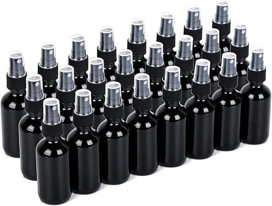 2oz Glass Spray Bottle, Fine Mist Boston Glass Bottles with Black Fine Mist Sprayer Small Clear Bottles for Essential Oils, Bath, Beauty, Hair & Cleaning, UV Black, Pack of 24
