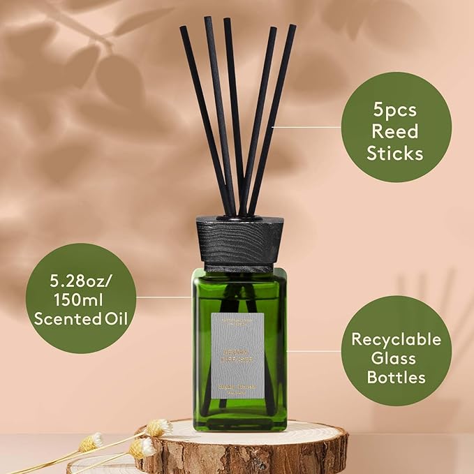 Reed Diffuser Set, 5.2 oz Jasmine Scented Reed Diffuser with Sticks, Home Fragrance Reed Diffusers for Home Air Freshener, Bathroom Bedroom Apartment Office Shelf Decor