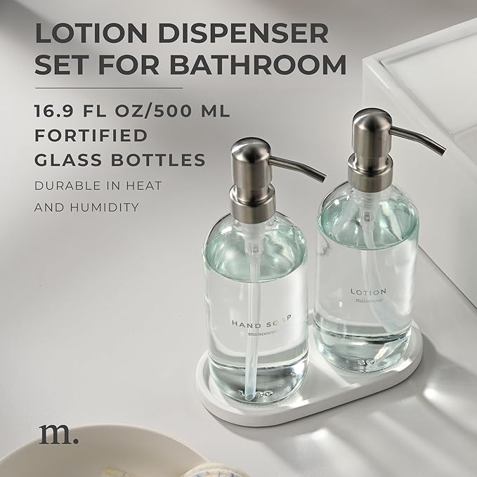 MaisoNovo Soap Dispenser 3-Piece Set | 16.9oz Clear Bottles with Silver Stainless Steel Pumps