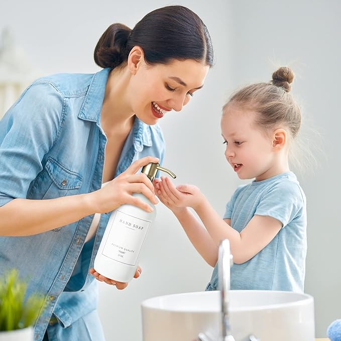 Glass Soap Dispenser for Kitchen, Farmhouse Kitchen Dish Soap Dispenser&Hand Soap Dispenser Set, Rustproof Pump Soap Lotion Dispenser Bathroom with Tray, Waterproof Label for Decor(White