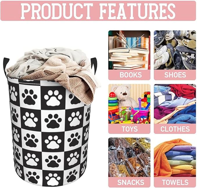 Black And White Dog Paws Laundry Hamper Bag With Waterproof Liner - Checkered Round Laundry Basket Foldable Clothes Storage Organizer For Bathroom Bedroom Nursery Dorm, S-16.5"X 13.8"