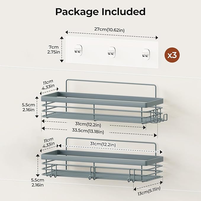 Orimade Shower Caddy with 5 Hooks for Hanging Razor and Sponge Adhesive Shower Shelf Basket Bathroom Storage Organizer Kitchen Rack No Drilling Stainless Steel Rustproof - 2 Pack, Light Blue Grey