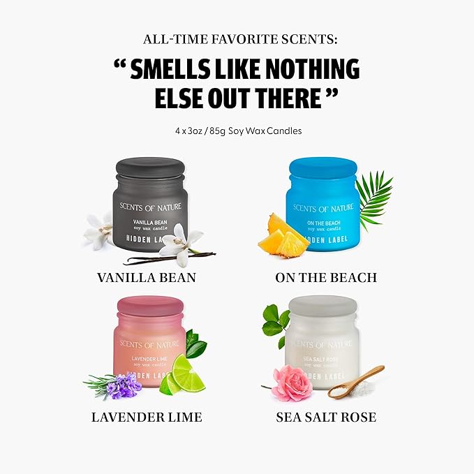 Hidden Label Scented Candles Gifts for Women, Small Soy Candles 4pack Candle Gift Set for Mom Sister Girlfriend, Ideal Gifts for Birthday Valentines Day Mothers Day Christmas(Set 1)
