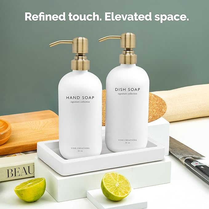 Vine Creations Glass Soap Dispenser Set, Kitchen Soap Dispenser Set with Ceramic Tray, 16 oz Dish Soap and Hand Soap Dispenser Set with Stainless Steel Pump Decor (White Bottle/Brushed Brass)