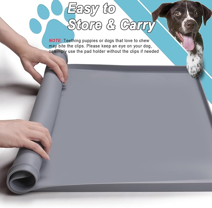 Pee Pad Tray Holder for Dog,Silicone Dog Puppy Pad Holder,24" x 24" No Spill Raised Lip High Edge Leak-Proof Mat Holder for Training Pads,Square Potty Trays for Floor Protection Complimentary 6 Clamps