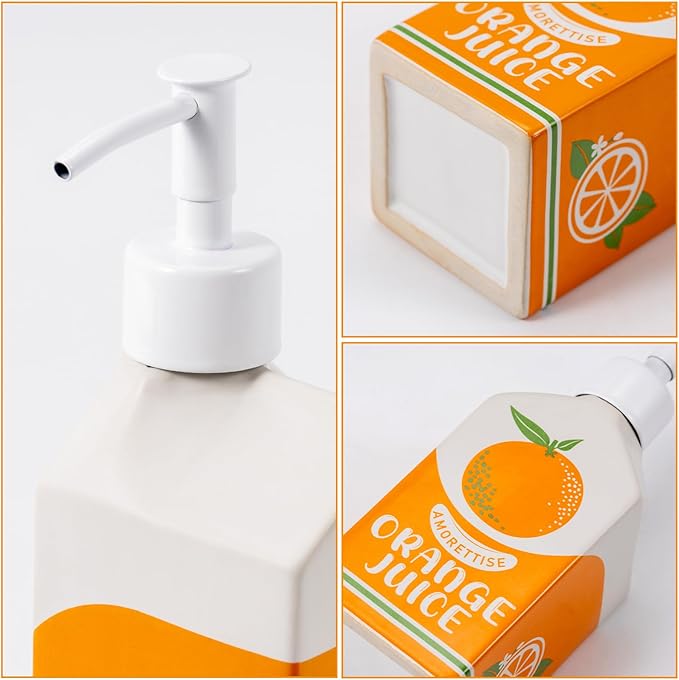 Ceramic Orange Juice Bottle Soap Dispenser, Refillable Lotion Pump Bottle for Bathroom Kitchen Dish Soap