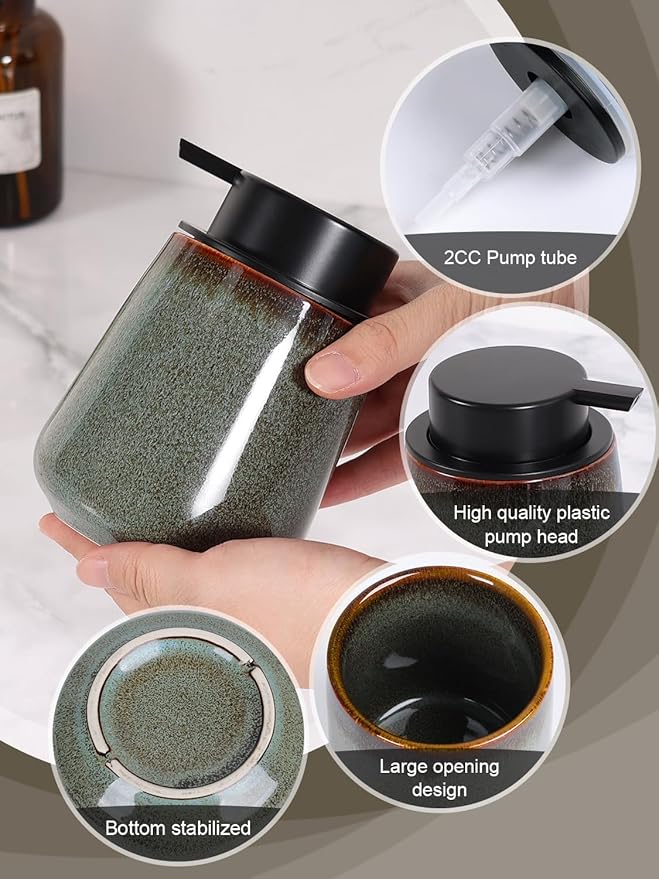 INGOFIN Ceramic Lotion Dispenser - 12 oz Refillable Hand Soap Dispenser Bathroom, Modern Liquid Dispenser with Pump, Dish Soap Dispenser for Kitchen,Kiln-Glazed Green