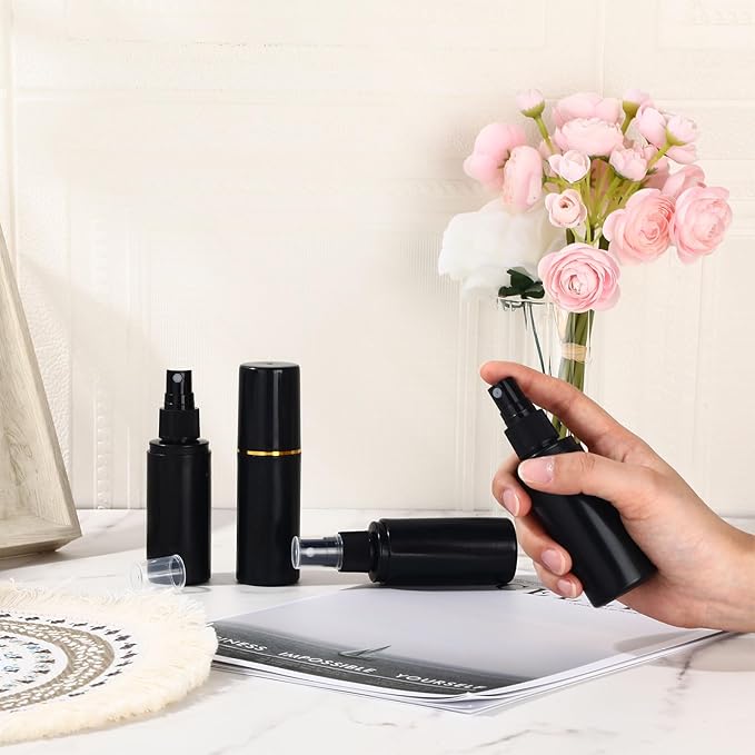 80 Pack 2 oz Plastic Spray Bottles Fine Mist Travel Spray Bottles with Pump Cap Double Cap Refillable and Reusable Empty Plastic Containers for Travel Cosmetic Essential Oils Perfume(Black)