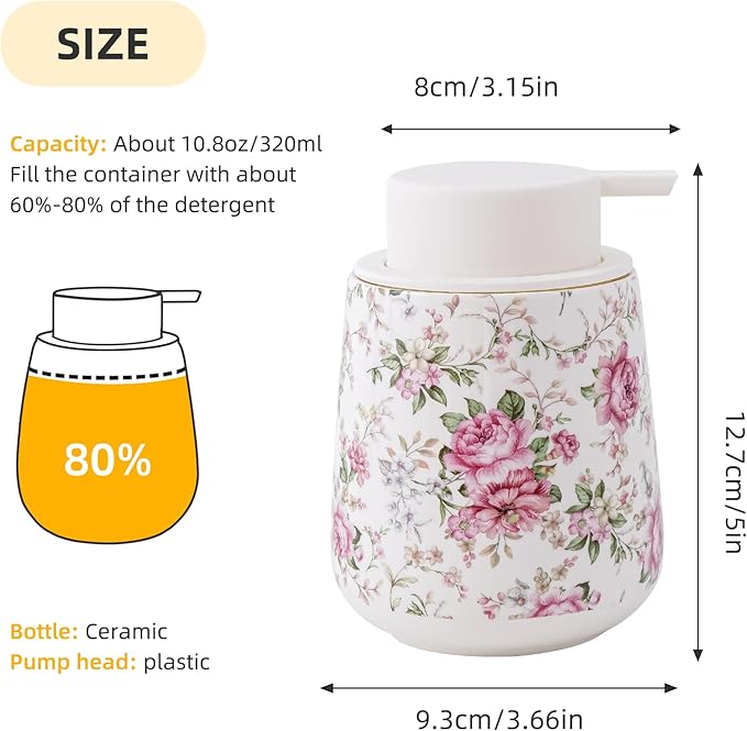 Soap Dispenser, Ceramic Foaming Soap Dispenser with Easy-to-Press Pump for Bathroom (Flowers Foam Dispenser)