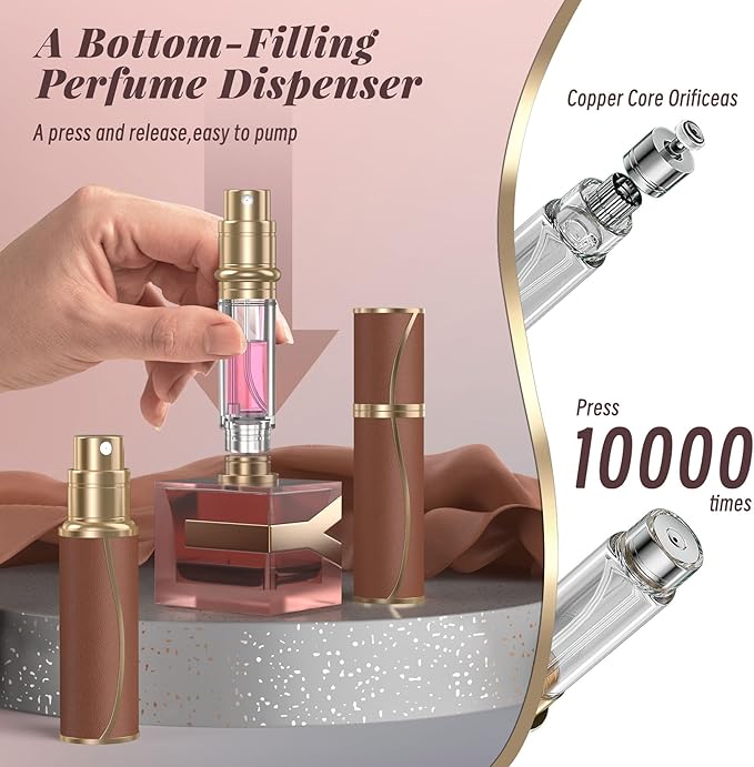 10ml Perfume Travel Refillable Atomizer,Genuine Leather Bottom Filling Perfumes Bottle,Mini Fragrances Dispenser,Portable Cologne Sprayer Pocket Size for Plane Trip Gift 0.34oz (Brown-10ml)