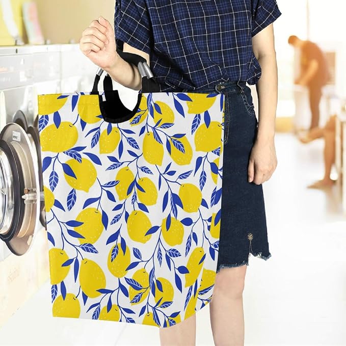 visesunny Collapsible Laundry Basket Yellow Lemon With Blue Leaf Large Laundry Hamper with Handle Toys and Clothing Organization for Bathroom, Bedroom, Home, Dorm, Travel