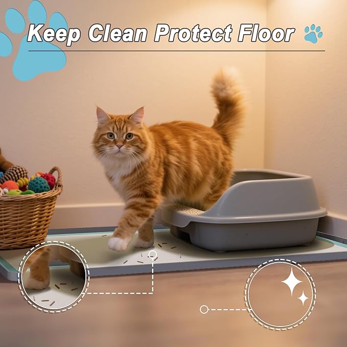 Cat Litter Mat 34" X 22", Cat Litter Box Mats Waterproof Silicone Pad for Floor Pee Pad Tray Holder with Complimentary 6 Clamps