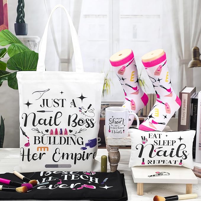 6 Pcs Christmas Nail Technician Gift Set Include Waterproof Oil Proof Apron Mug Keychain Canvas Tote Bag Cosmetic Bag Socks for Women Nail Tech Art Lover Must Haves Manicurist Gift