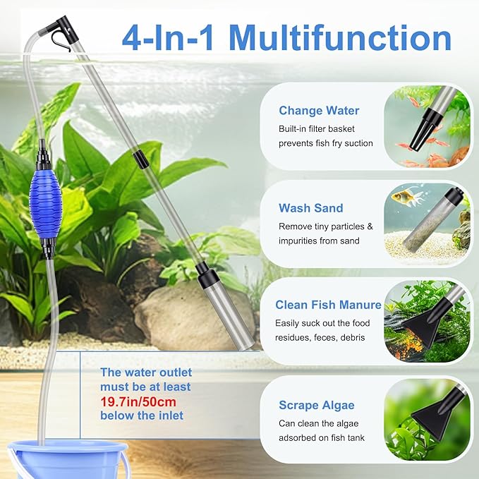 fishkeeper Quick Aquarium Siphon Pump Gravel Cleaner - 256GPH Adjustable Powerful Fish Tank Vacuum Gravel Cleaning Kit for Aquarium Water Changer, Sand Cleaner, Dirt Removal