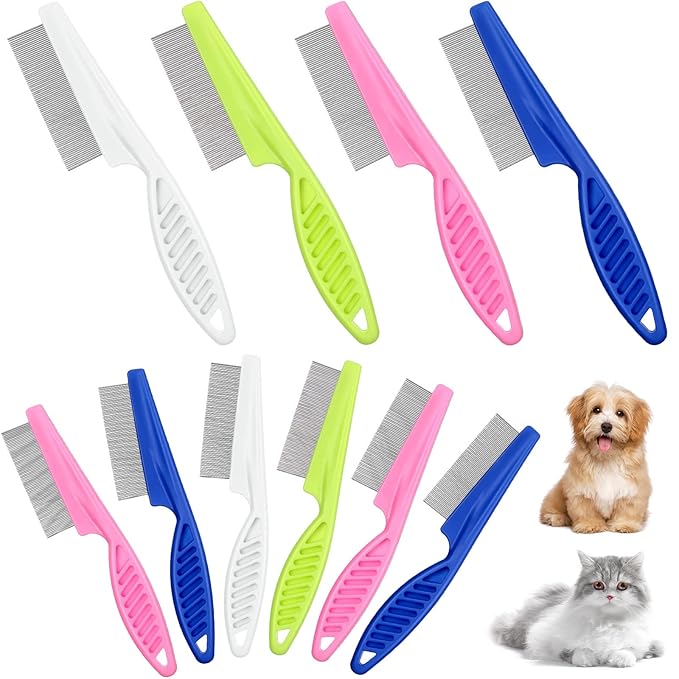 10 Pcs Flea Comb for Dogs and Cats Flea Remover Tool with Stainless Steel Metal Teeth for Detangling Grooming Kit, Pink, Blue, White and Green, 2 Sizes