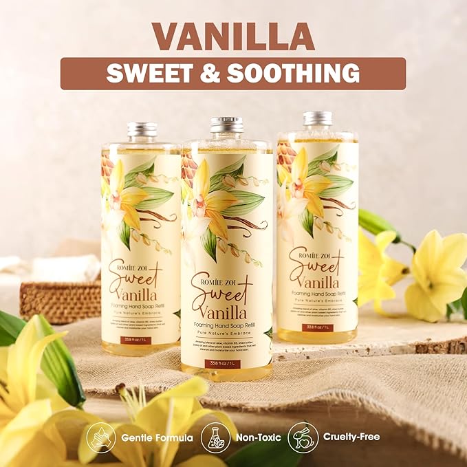 ROMIIE ZOI Foaming Hand Soap Refill Gift Set – Sweet Vanille Scent – 3 Pack (1000ML Each) with Dispenser, Gentle & Moisturizing Plant-Based Formula – Bulk Refill Bottles for Bathroom & Kitchen Use