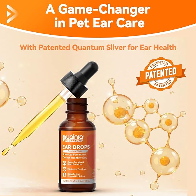 Dog Ear Drops with Finger Cots, Natural Dog Ear Cleaner and Infection Treatment, Quantum Silver Dog Ear Cleaning Solution for Itching, Irritation & Wax Build-Up,1oz