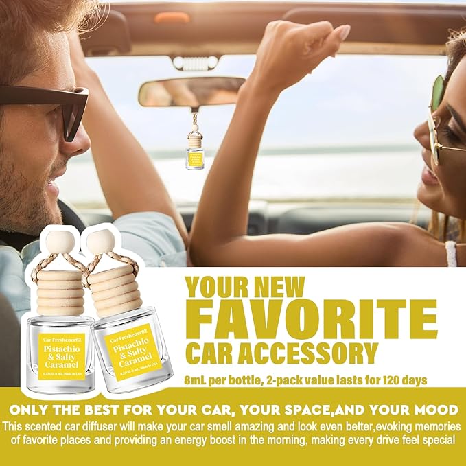HoogaLife Car Air Freshener Diffuser 2 Pack Hanging Pistachio Salty Caramel Car Air Freshener for Women 45+ days Long Lasting Fragrance Made in USA (P62)