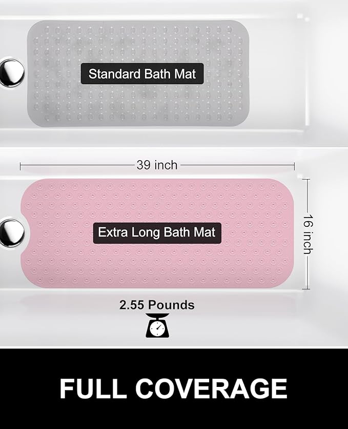 OTHWAY No Suction Cup Bath Mat: 39x16inch Extra Long Bathmat│Perfect for Refinished Bathtub Mat│Made of Nature Rubber│a Blessing for The Elderly and Children (Pink)