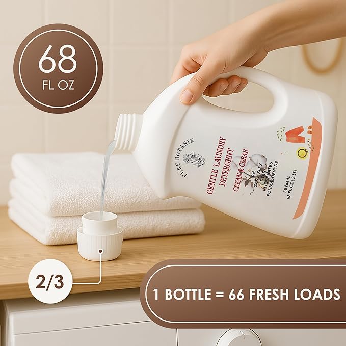 Unscented Plant-Based Laundry Detergent 68 Fl Oz | 66 Loads, Natural Hypoallergenic Non-Toxic Soap for Sensitive Baby Skin, HE-Compatible Concentrated Enzyme Stain Remover, Sulfate Free