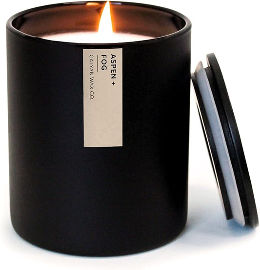 Calyan Wax Co. Candle, Aspen + Fog Scented Candle, 75 Hour Burn Time, Aromatherapy Soy Candles, Non Toxic & Vegan Soy Wax, Black Tumbler Scented Candles, 10.2oz