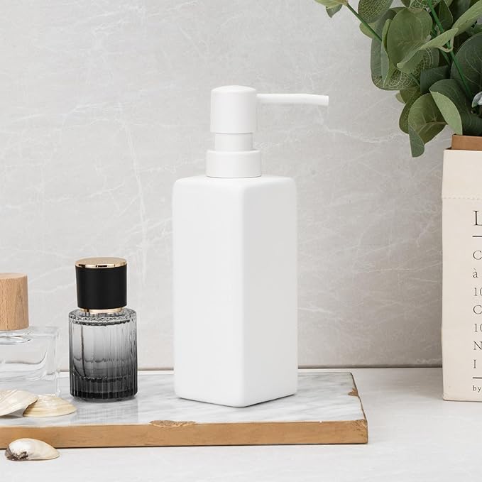 Ceramic 2Pcs White Soap Dispenser with Rust-Proof Plastic Pump for Bathroom 10oz Liquid Hand Soap Dispenser for Kitchen