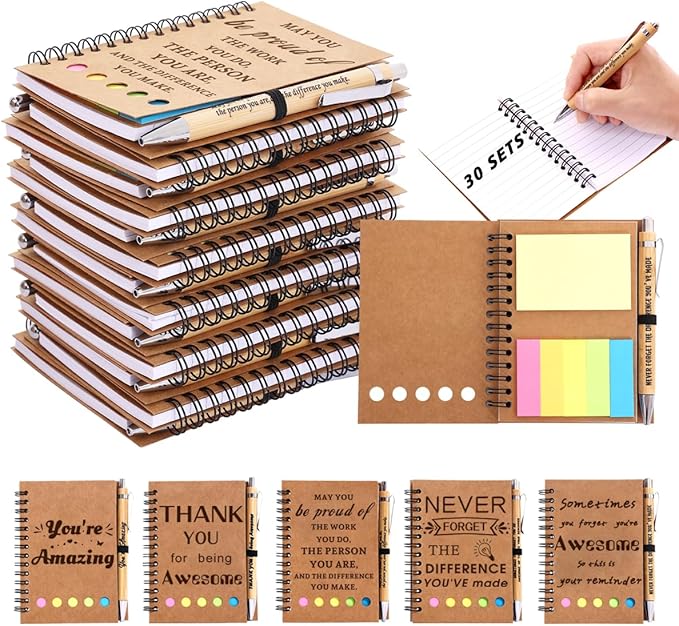30 Sets Employee Appreciation Gifts Bulk Team College Graduate Thank You Gifts Inspirational Spiral Notebook with Sticky Note Motivational Bamboo Ballpoint Pens for Nurse Teacher Employees Coworker