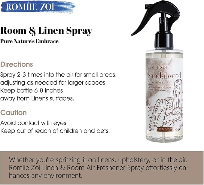 ROMIIE ZOI Room Air Freshener Spray Room Mist, with Natural Plant Extract, Sandalwood Scent, 8.5 FL OZ.