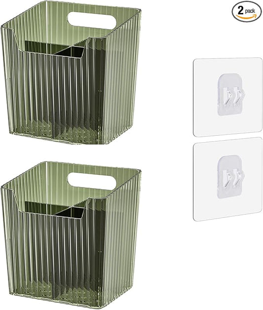 Set Of 2 Storage Organizer Bins Wall Mounted Shower Caddy, Bathroom shelves Stackable Clear Plastic Toothbrush Holder Adhesive Hanging Bin for Bathroom, Kitchen, Cabinet, Shower BPA Free Small (Green)