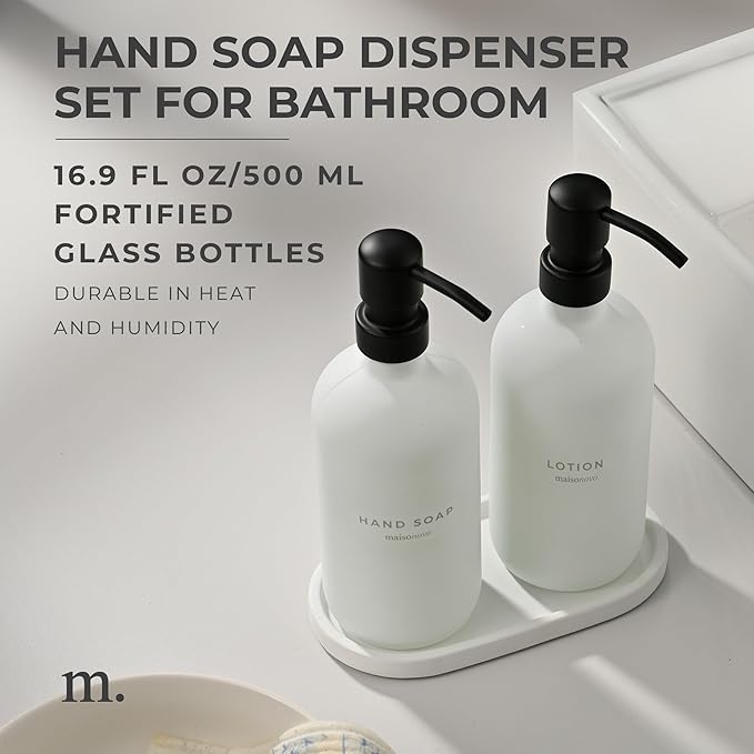 MaisoNovo Soap Dispenser 3-Piece Set | 16.9oz White Bottles with Black Stainless Steel Pumps
