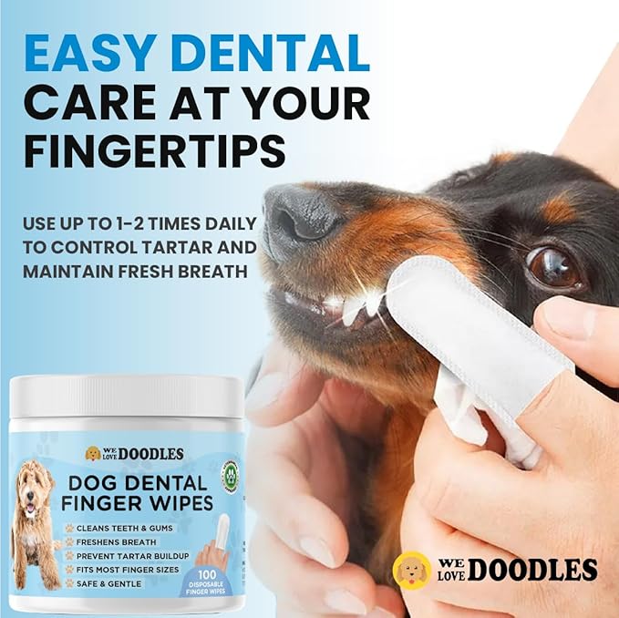 We Love Doodles 100pcs Dog Teeth Cleaning Wipes & Dog Dental Spray Bundle - Pet Dental Finger Wipes for Dogs, Natural Oral Care Dog for Healthy Teeth & Gums, Freshens Breath Spray