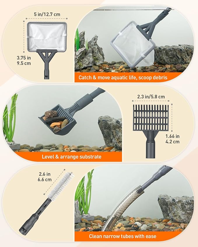 Pawfly Aquarium Cleaning Tools, 7 in 1 Fish Tank Cleaning Kit, Algae Scraper, Sponge Scrubber Pad, Brush, Gravel Rake & Fish Net with Adjustable Long Handle, Fish Tank Cleaner Set