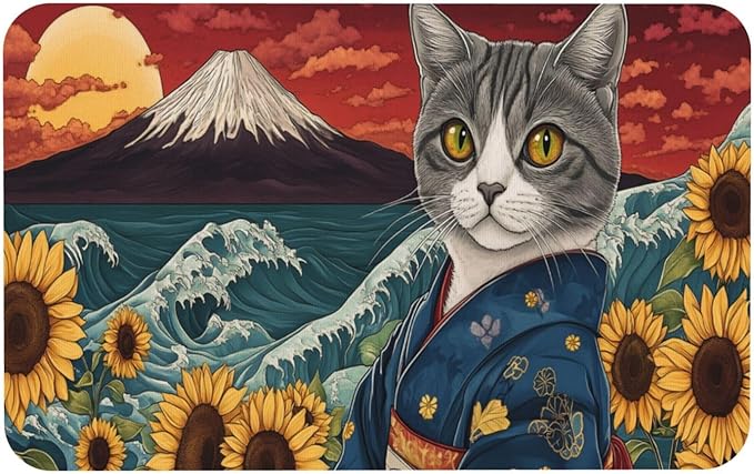 Japanese Waves Cat Bath mats Quick Dry Absorbent Bath Rugs Rubber Non Slip Bath Mat for Bathroom Floor Tub Shower Sink 16"×24"