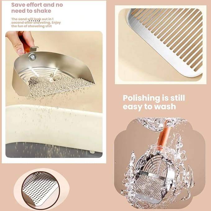 Heavy Duty Aluminum Alloy Cat Litter Scoop with Stand | Beech Wood Grip + Long Handle for Comfort | Deep Sifter for Fast, Efficient Poop/Litter Cleaning | Durable for Litter Box (Long Strip)