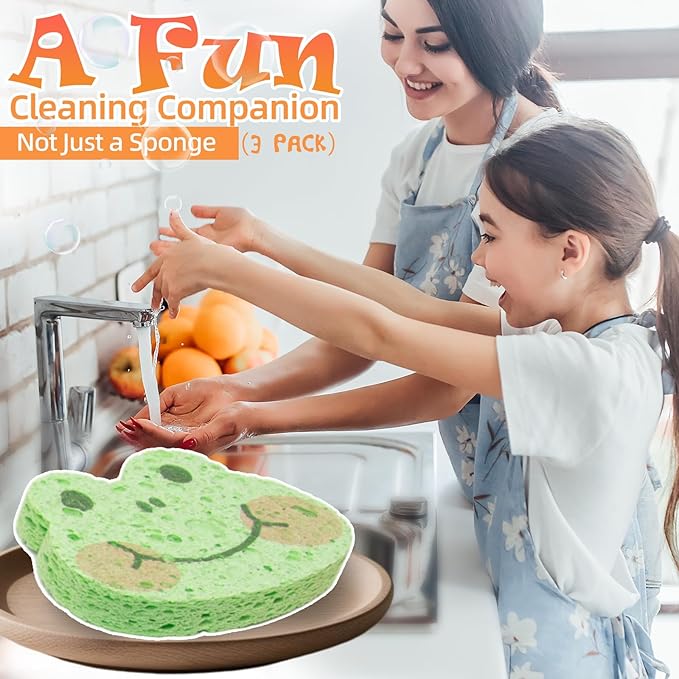 3 Pcs Cute Compressed Wood Pulp Cotton Sponges, Frog Animal-Shaped Reusable and Highly Absorbent for Dishwashing, Kitchen Surfaces, and Bathroom Cleaning