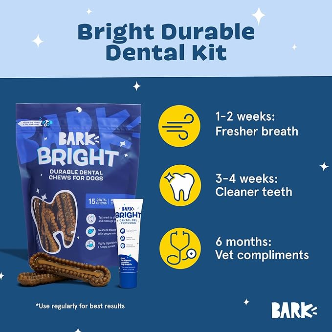 Barkbox Bright Durable Dog Dental Kit for Tough Chewers, 15 Chew Sticks & Toothpaste - Medium Breeds