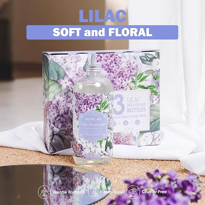 ROMIIE ZOI Liquid Hand Soap Refill Gift Set – 3 Pack (26 Fl Oz Each), Lilac Scent, Moisturizing & Biodegradable, Gentle Formula with Essential Oils for Kitchen, Bathroom