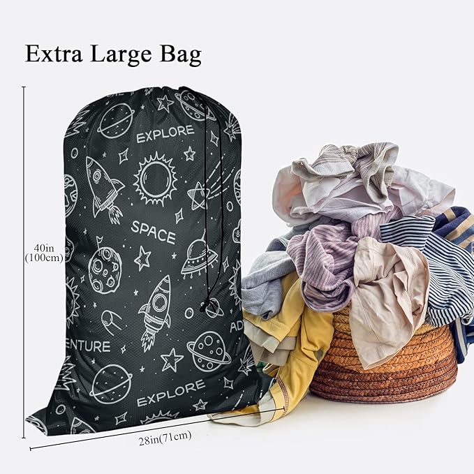 Swono Space Elements Laundry Bag with Strap Large Dirty Clothes Organizer Sketch Stars Rocket Planets Sun Universe Cosmos Explore Easy Fit Laundry Hamper Basket, Carry Up to 4 Loads of Laundry, Galaxy