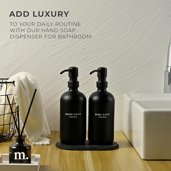 MaisoNovo Soap Dispenser 3-Piece Set | 16.9oz Black Bottles with Black Stainless Steel Pumps