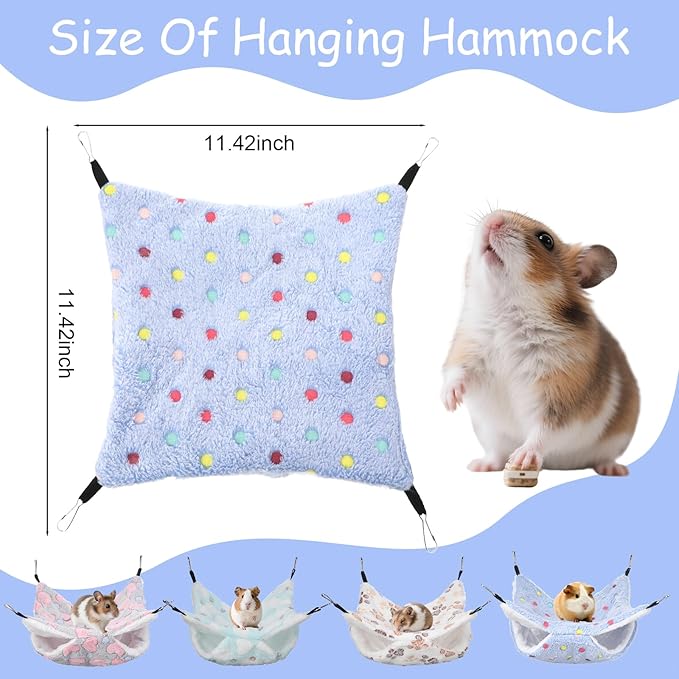 4 Pack Small Animal Hammock, 11.4x11.4 Inch Guinea Pig Rat Ferret Hanging Bed with Metal Hooks, Fleece Cage Accessories for Chinchilla Sugar Glider, 4 Colors