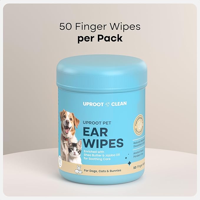 Uproot Clean Cat & Dog Ear Cleaner Finger Wipes (50ct.): Disposable Dog Ear Wipes Enriched with Shea Butter & Jojoba Oil - Cleaner Removing Wax Build Up, Help with Odor Discomfort
