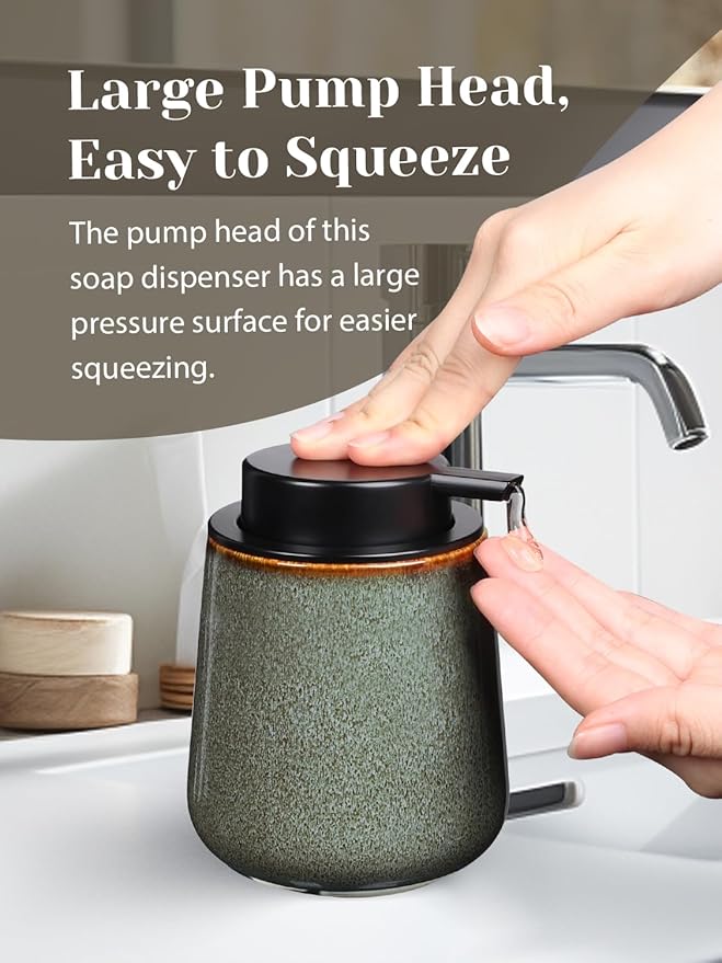 INGOFIN Ceramic Lotion Dispenser - 12 oz Refillable Hand Soap Dispenser Bathroom, Modern Liquid Dispenser with Pump, Dish Soap Dispenser for Kitchen,Kiln-Glazed Green
