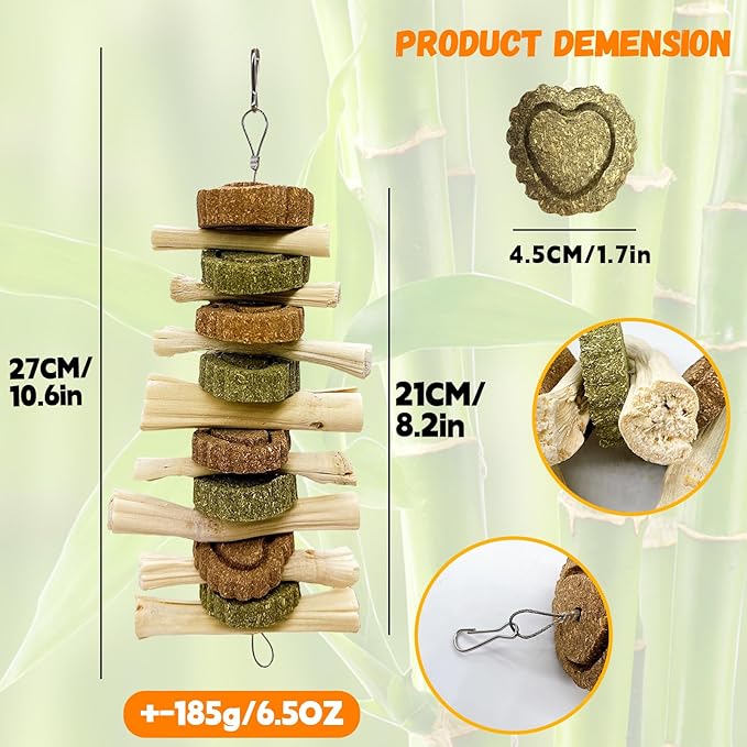 3Pcs Bunny Chew Toys for Teeth Bunny Hanging Grinding Cake Natural Sweet Bamboo Sticks Timothy Alfalfa Hay & Carrot Cake for Rabbit Guinea Pig Chinchilla Gerbil Improve Dental Health